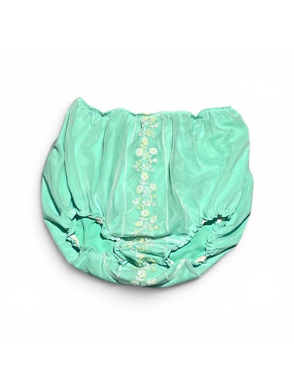 Vintage Mint Green Satin Bloomers with Floral Embroidery